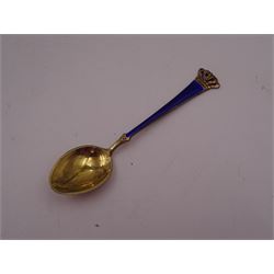 Set of six Danish silver-gilt blue enamel demitasse spoons with crown finials and together with an individually boxed example, all by Egon Lauridsen, stamped ELA Denmark Sterling 925S, both in fitted cases