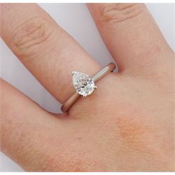 Platinum single stone pear cut diamond ring, hallmarked, diamond 0.90 carat, colour G, clarity SI1, with GIA laser registry