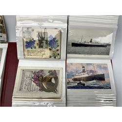 Two albums of postcards including topographical, steam boats, greetings, local interest with postcards depicting painting by artists such as Frank Rouse, Fred Judge, W Gibson etc