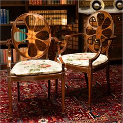 Hampton & Sons (Pall Mall 1830-1957) - Pair of Edwardian inlaid mahogany wheel-back elbow ...