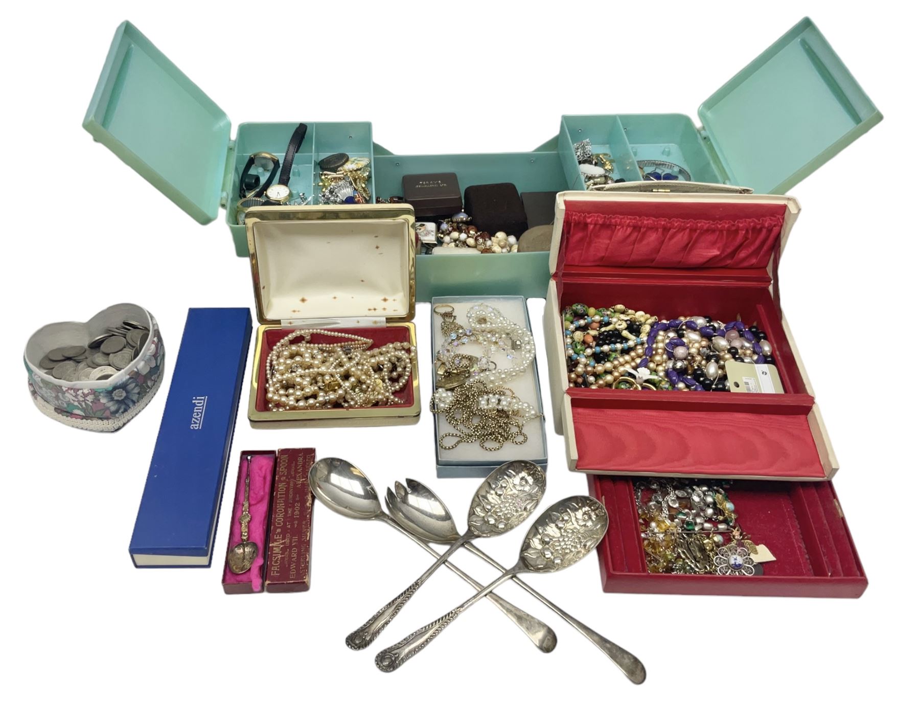 Edwardian silver facsimile coronation spoon, hallmarked Gourdel Vales & Co, Birmingham 1901, EPNS serving spoons, coins and a collection of vintage and later costume jewellery