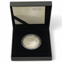 Four The Royal Mint United Kingdom silver proof five pound coins, comprising 2011 'The Royal Wedding', 2013 'The 60th Anniversary Of The Queen's Coronation', 2014 'The 300th Anniversary Of The Death Of Queen Anne' and 2017 'The Sapphire Jubilee Of Her Majesty The Queen', all cased with certificates