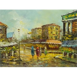  Boats in a Harbour and Continental Street Scenes, three 20th century oils on canvas paper two signed P. G Tiele 30cm x 40cm (3)  