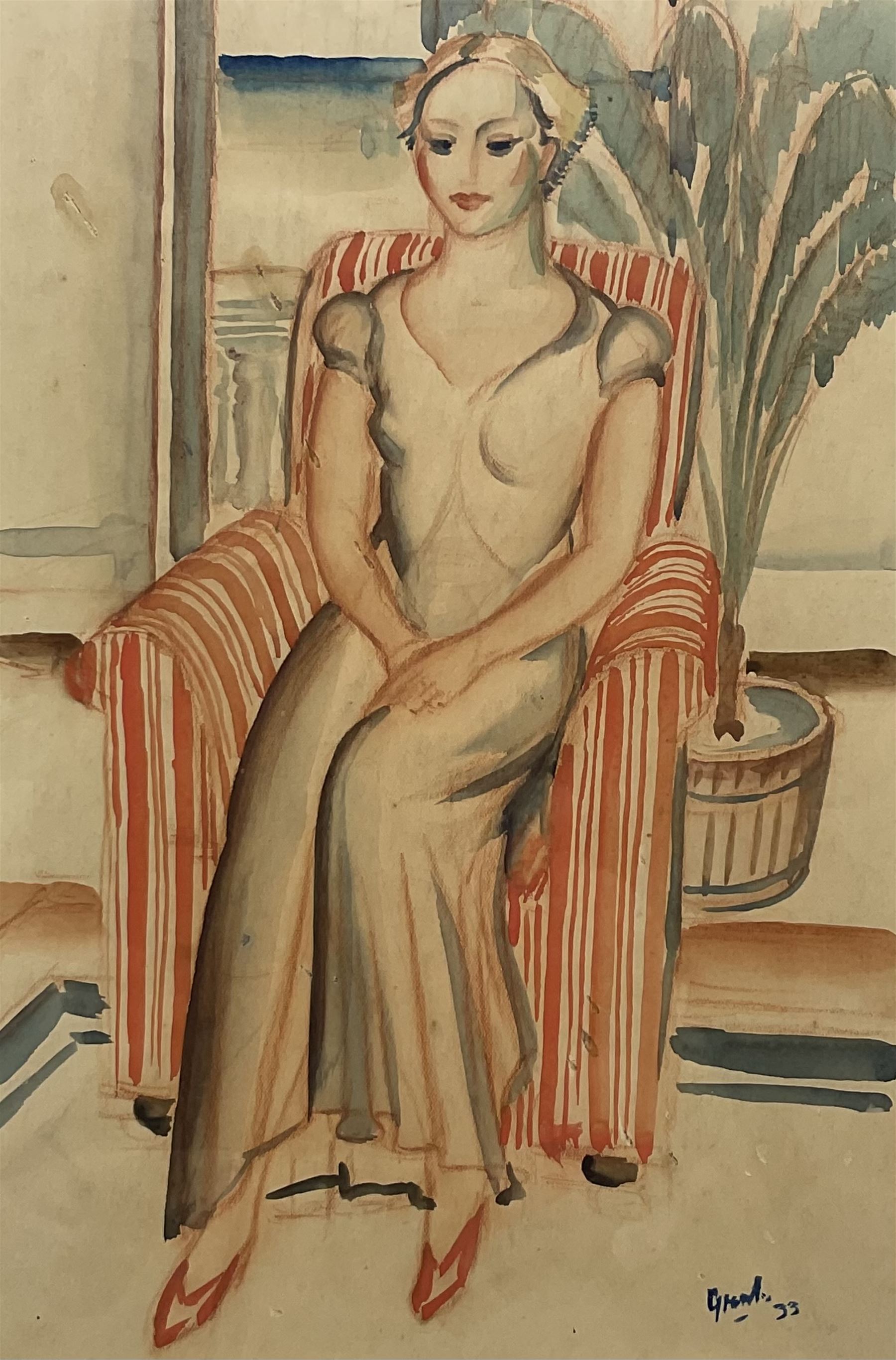 Attrib. Duncan Grant (British 1885-1978): Portrait of a Seated Lady, watercolour signed and dated '33, 31cm x 20cm