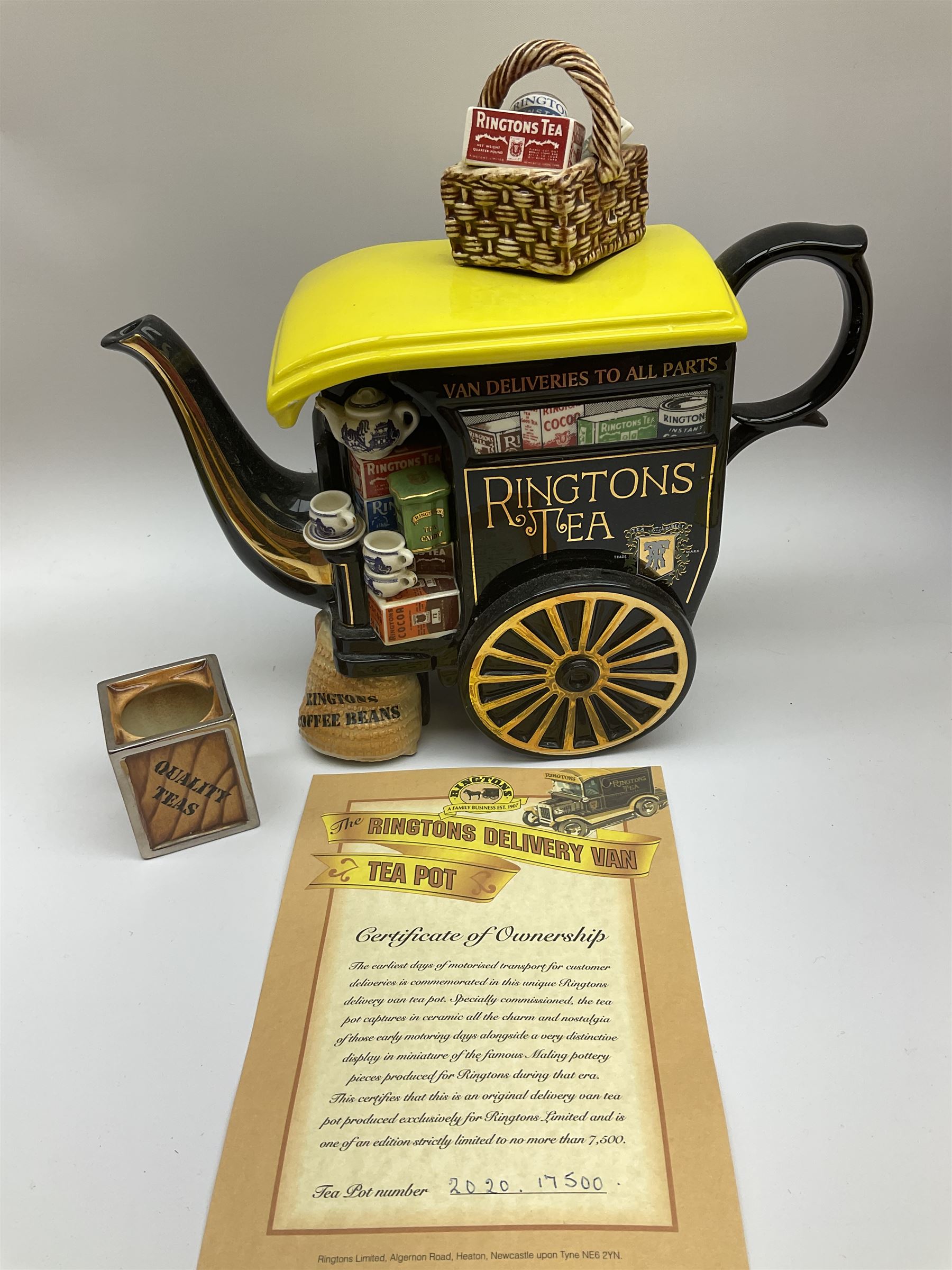 Ringtons novelty teapots, comprising the Ringtons Delivery Van teapot, and the Tea Merchant teapot, both with boxes and certificates of ownership.