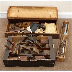  Vintage carpenters pine tool box (W79cm, H18cm, D38cm) and a collection of vintage hand planes and other tools  