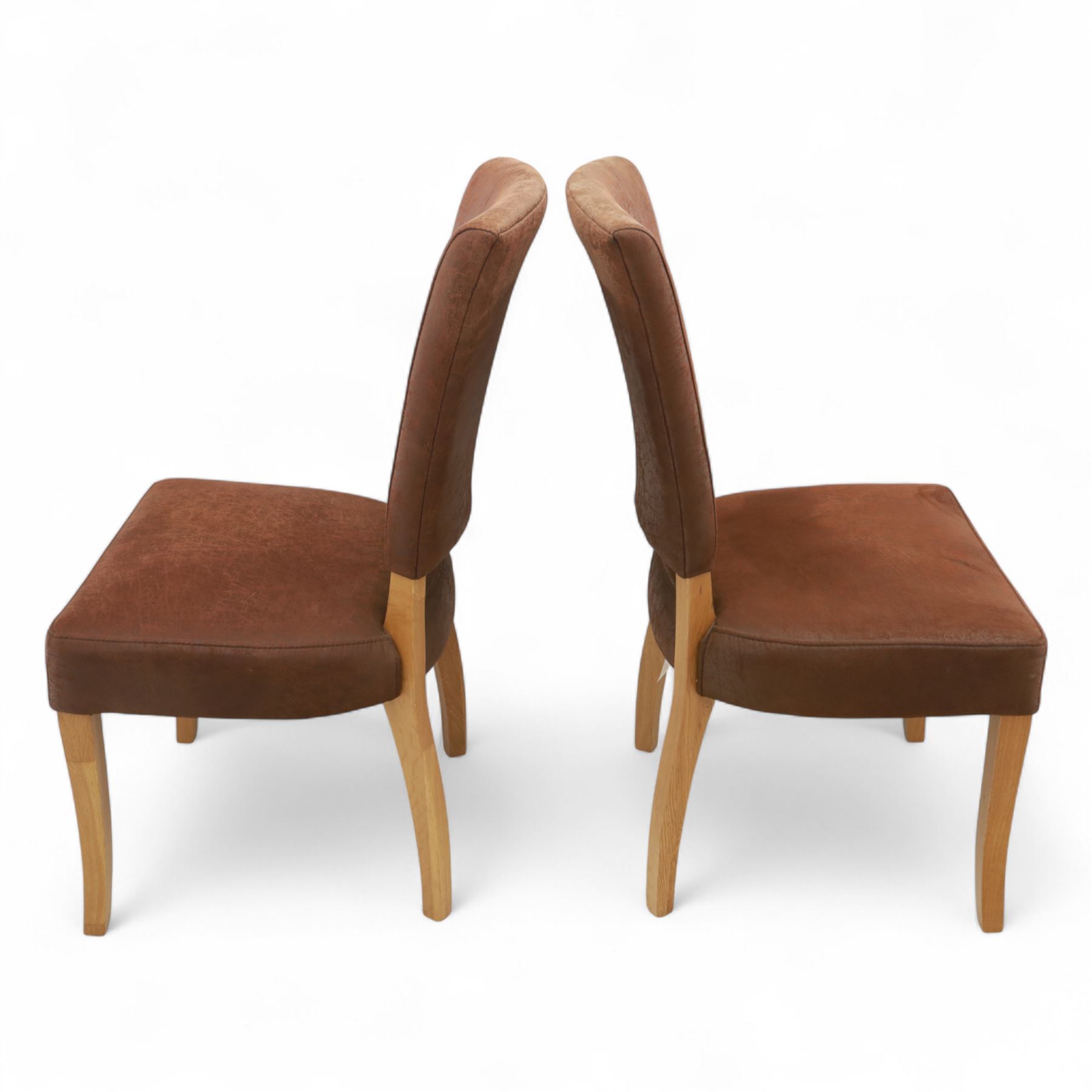 Contemporary oak dining suite, comprising rectangular table with solid top and square legs, together with four brown leather upholstered dining chairs with oak legs (5)