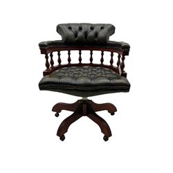 Captain's swivel desk chair, upholstered in studded green leather