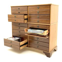 Teak multi-drawer music chest, fitted with eight drawers and four manuscript drawers with fall fronts, with contents