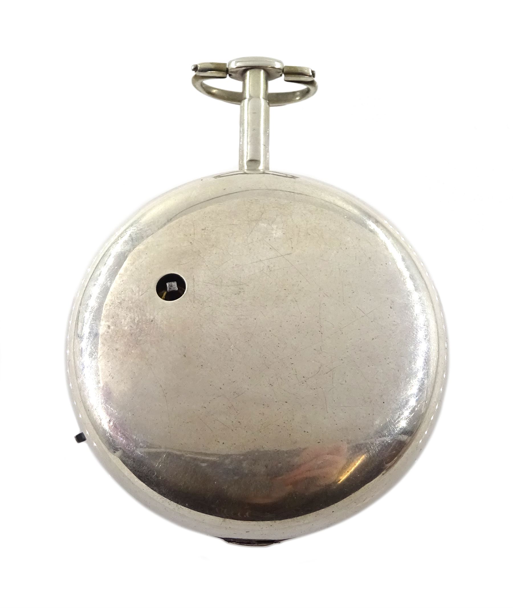 George III silver pair cased verge fusee doctors pocket watch by Charles Vincent, London, No. 393, round pillars, engraved balance cock decorated with a mask, stop/work lever, two intersecting dials with Arabic numerals, case makers mark I C, London 1802