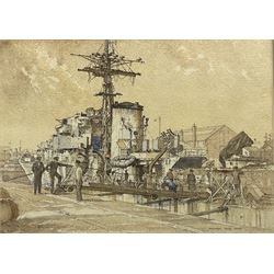 Allanson Hick (British 1898-1975): 'Destroyer Refit', watercolour and pencil signed, titled verso 32cm x 44cm