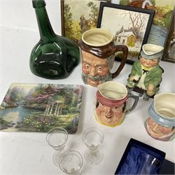 Dimpled green glass bottle, together with painted tiles, a collection of character jugs etc 