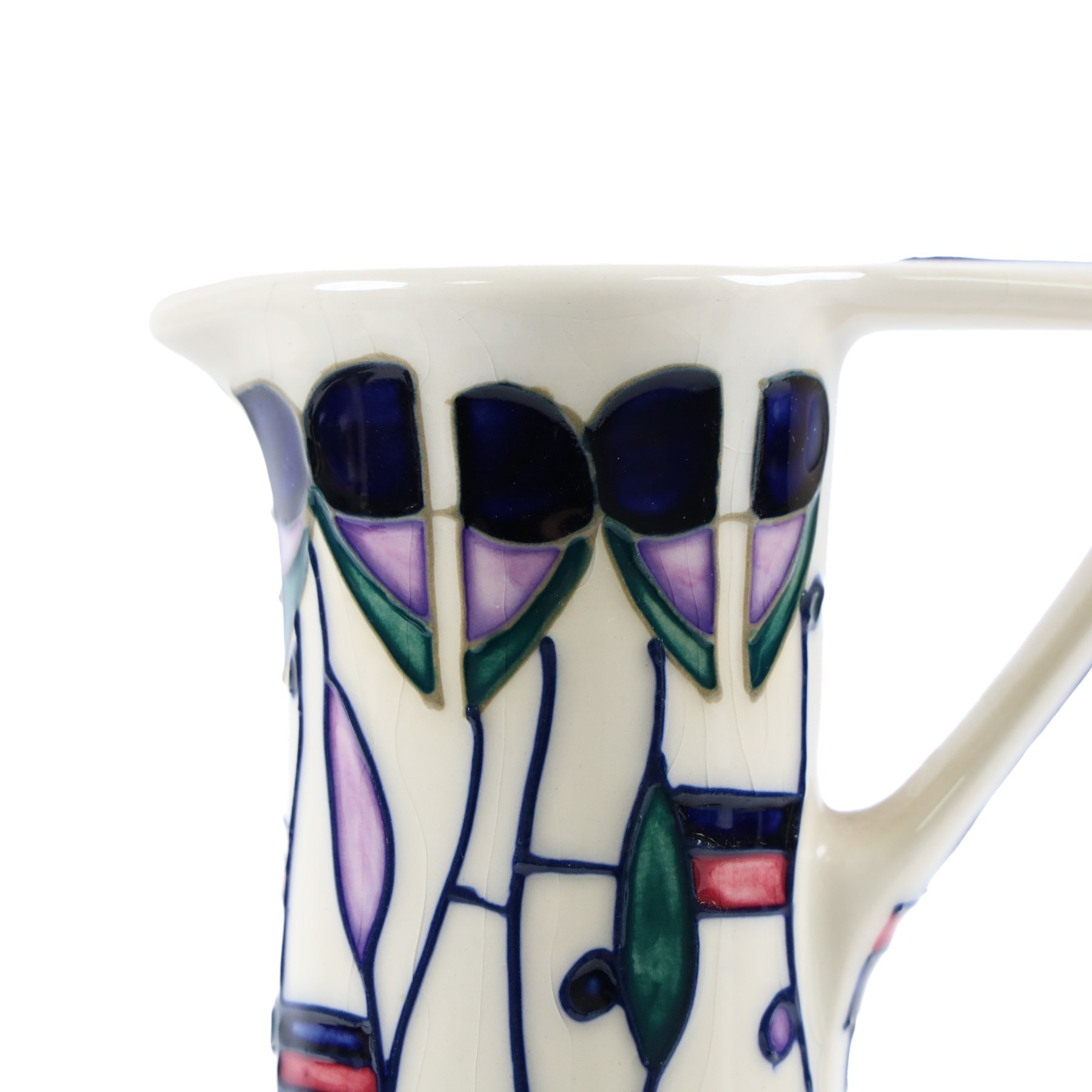 Moorcroft Tribute To Charles Rennie Mackintosh jug and candlestick, designed by Rachel Bishop, jug H24cm