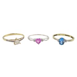 White gold heart cut pink sapphire and diamond ring, gold blue topaz and diamond ring and a cubic zirconia ring, all hallmarked 9ct