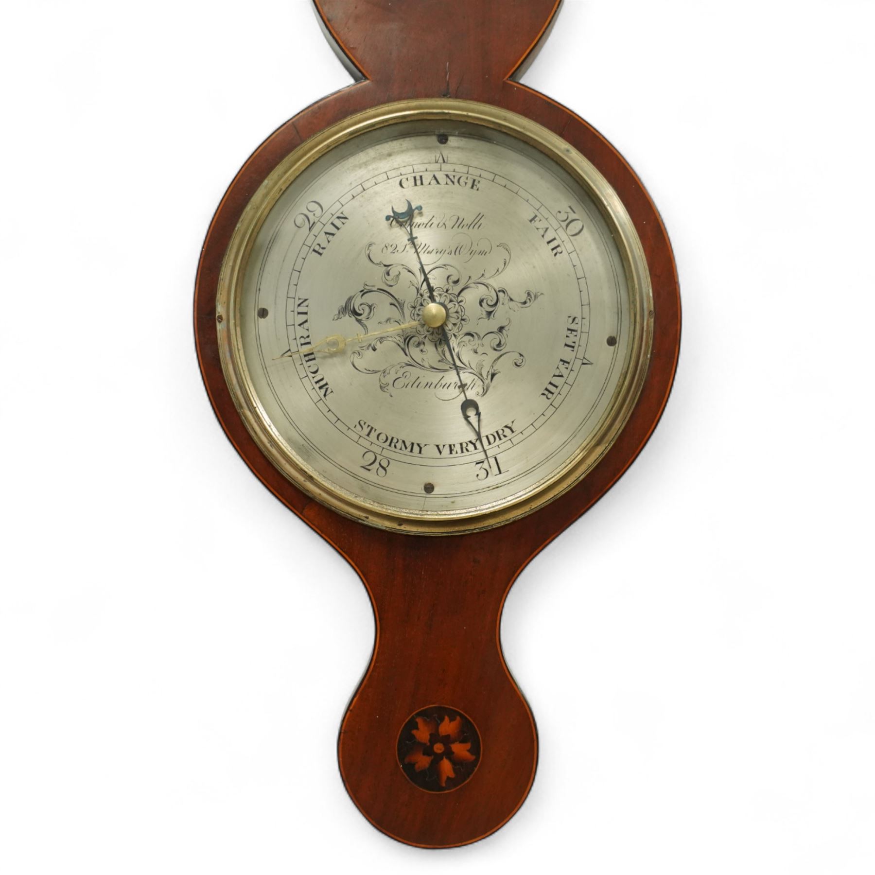  Comoli & Nolli of Edinburgh-early 19th century Sheraton mercury barometer c1820, with a broken arch pediment, brass finial and round base, mahogany case with stringing to the edge, oval conche and round petal inlay, with a boxed surface mounted mercury thermometer and silvered 8