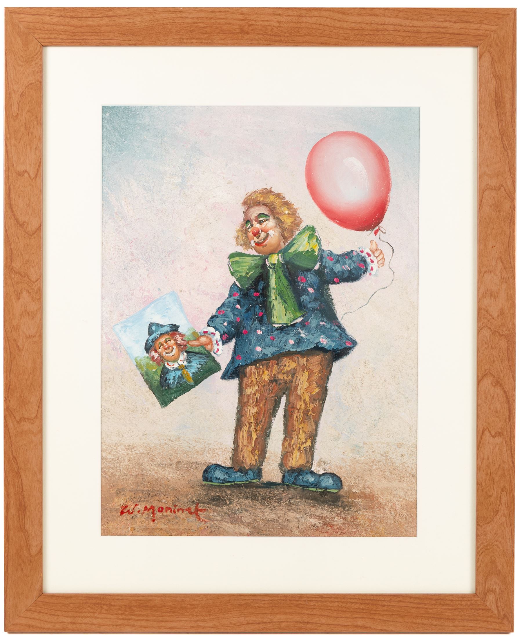 William Moninet (American 1937-1999): Circus Clowns and Clown with a Balloon, pair of oils on canvas board signed 39cm x 29cm (2)