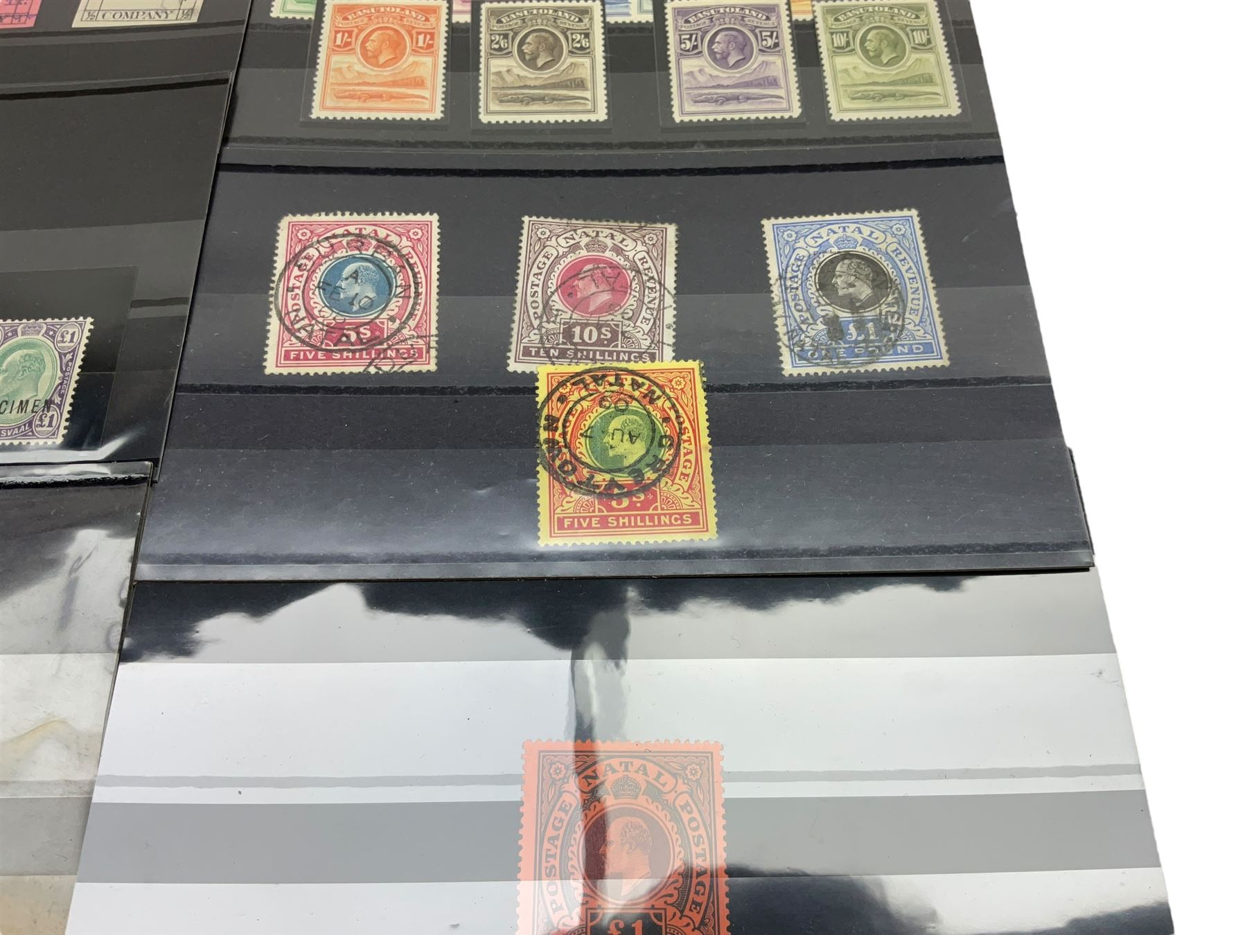 Transvaal King Edward VII 1903 five pounds with 'registered' cancel, Natal King Edward VII 1908/9 one pound, Basutoland King George V 1933 set of ten to ten shillings and other stamps with specimen overprints etc