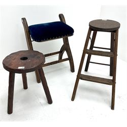 Early 20th century folding stool, upholstered seat, shaped supports joined by turned stretchers (W44cm) and two stools