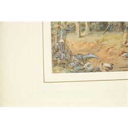 Manner of Myles Birket Foster (British 1825-1899): Children Playing in Stream by a Cottage, watercolour faintly signed 17cm x 23cm