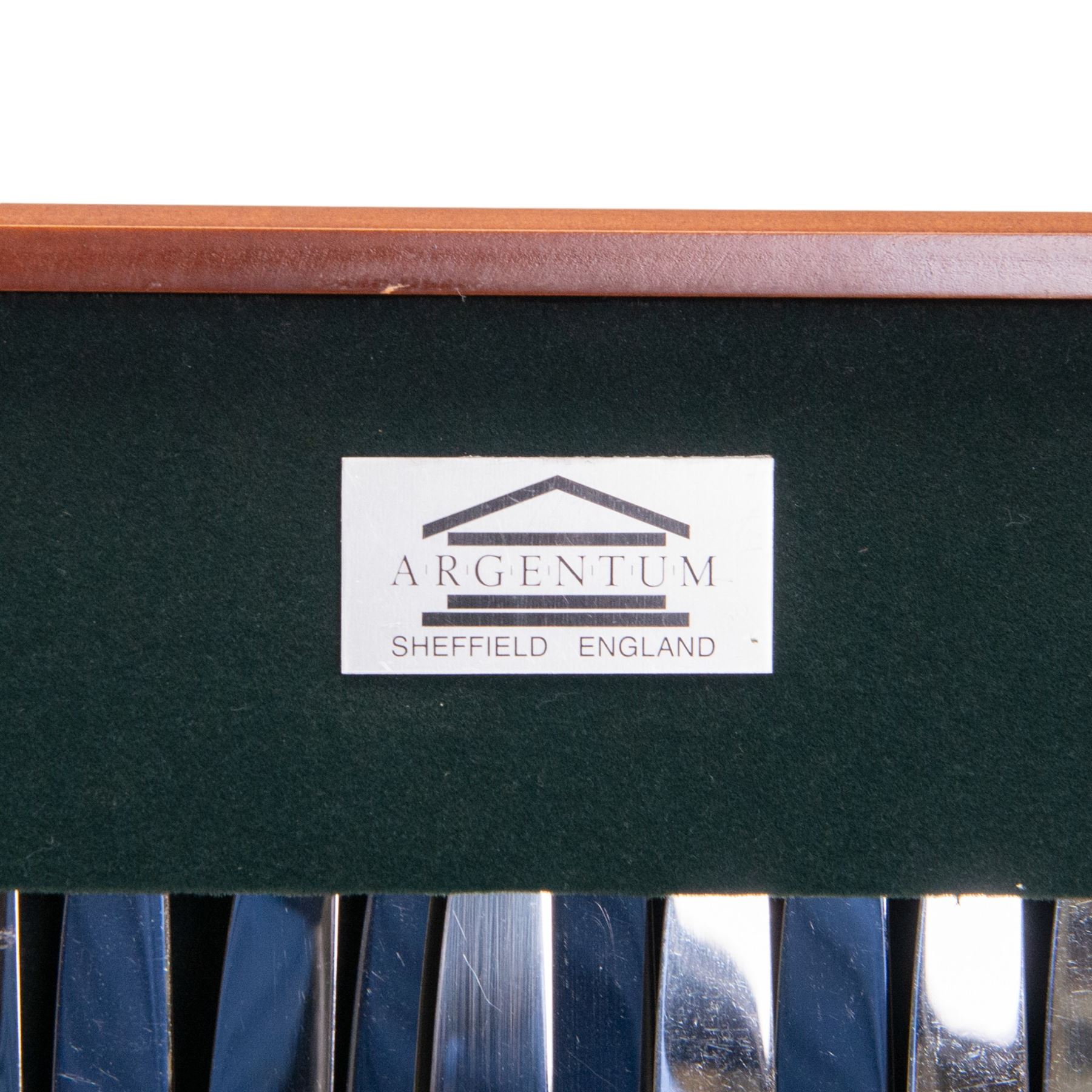 Late 20th century canteen of silver cutlery for twelve place settings, comprising fish knives, fish forks, soup spoons, dessert forks, dessert spoons, silver handled dessert knives, table forks, silver handled table knives, teaspoons, coffee spoons and four table spoons, each with beaded borders to handles, all hallmarked Argentum Ltd, Sheffield 1996, contained within a rectangular mahogany canteen with fitted green velvet interior