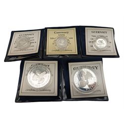 Five Queen Elizabeth II Bailiwick of Guernsey silver proof coins, comprising 1995 'Queen Elizabeth The Queen Mother 95th Birthday' one pound, two 1996 '70th Birthday of Her Majesty Queen Elizabeth II' one pounds, 1996 '70th Birthday of Her Majesty Queen Elizabeth II' five pounds and 1996 'European Football' five pounds, all with certificates