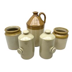 Early 20th Century Doulton Lambeth stoneware two tone flagon with impressed mark, together with two stoneware jars and two hot water bottles impressed Pearons Chesterfield, tallest H34cm