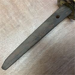 WW2 Japanese Army officer's shin gunto/katana sword with 67cm steel single edged blade, foliate cast brass tsuba, bound fish-skin grip with brass mounts, inscribed and painted marks to tang; in lacquered wooden scabbard with leather combat covering bearing four character marks L99cm overall