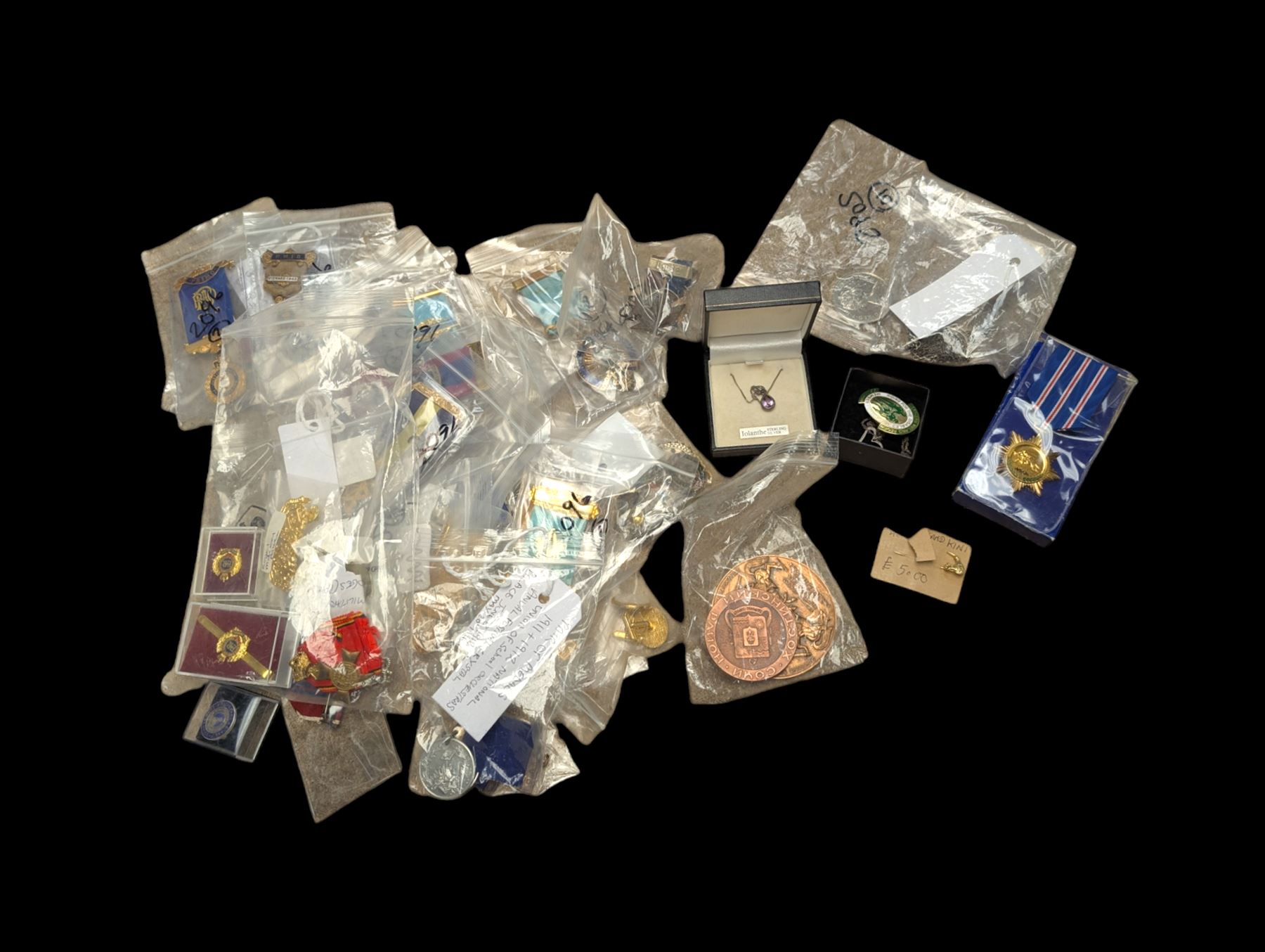 Collection of Masonic jewels, including silver example, together with military pin badges, two silver necklaces and other collectables