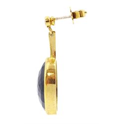 Pair of 18ct gold sapphire and diamond pendant earrings, each stud set with a single briolette oval cut sapphire, suspending from a single round brilliant cut diamond, hallmarked, total sapphire weight approx 40.00 carat, total diamond weight approx 0.20 carat