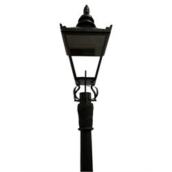 Victorian style cast iron street lamp, fluted column with hexagonal base, four glass lantern top