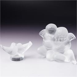  Lalique frosted glass figure of two cherubs  H8cm and another of two doves H4cm, both mar...