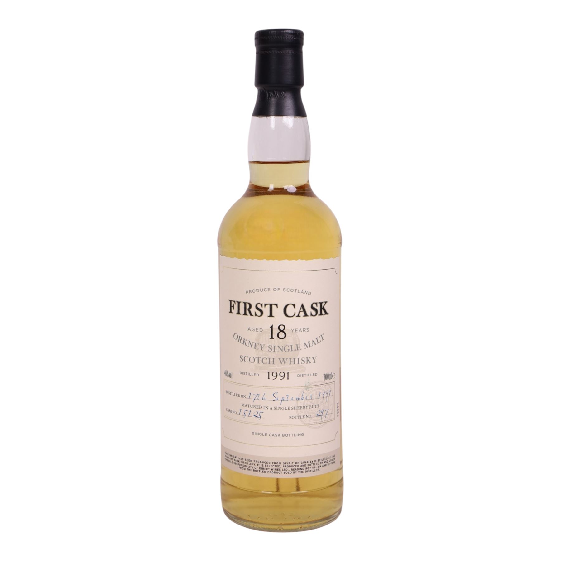 Highland Park, 18 year old Orkney single malt scotch whisky, 700ml 46% vol, First Cask; distilled 17th September 1991, from cask number 15125, bottle number 297, with certificate 