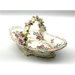 Dresden floral basket, hand painted with floral decoration and gilt scrolls, H12cm, L20cm. 