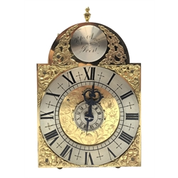  Small 18th century style Suffolk Alarm type brass lantern clock, engraved dial with cast spandrels, silvered Roman chapter and alarm, signed in arch 'Peter Aggus Fecit', with two weights and arched oak hanging bracket, H21cm, with original receipt from 1988 and a copy of 'English Lantern Clocks by W.F.J.Hana  