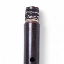 Rudall and Rose-1 Tavistock Street, Covent Garden, London, mid-19th century three piece flute c1830-50, probably crocus wood, with silver bands and keys, stamped with serial No 5060 and makers name in two places, in original velvet lined case containing makers original certificate with matching serial number. 