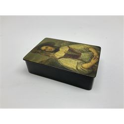 19th century Stobwasser papier-mâché box, circa 1830-1850, the hinged cover painted with a portrait of a lady in wide brimmed hat, holding a spray of flowers, the hinged cover opening to reveal title to underside of cover 'Emeline', and further inscription to interior '3688', 'Stobwasser's [...] Braunschweig', W8.5cm