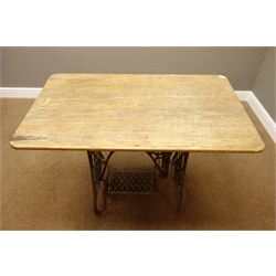 Rectangular oak top table on wrought metal singer sewing machine base, 110cm x 65cm, H75cm  