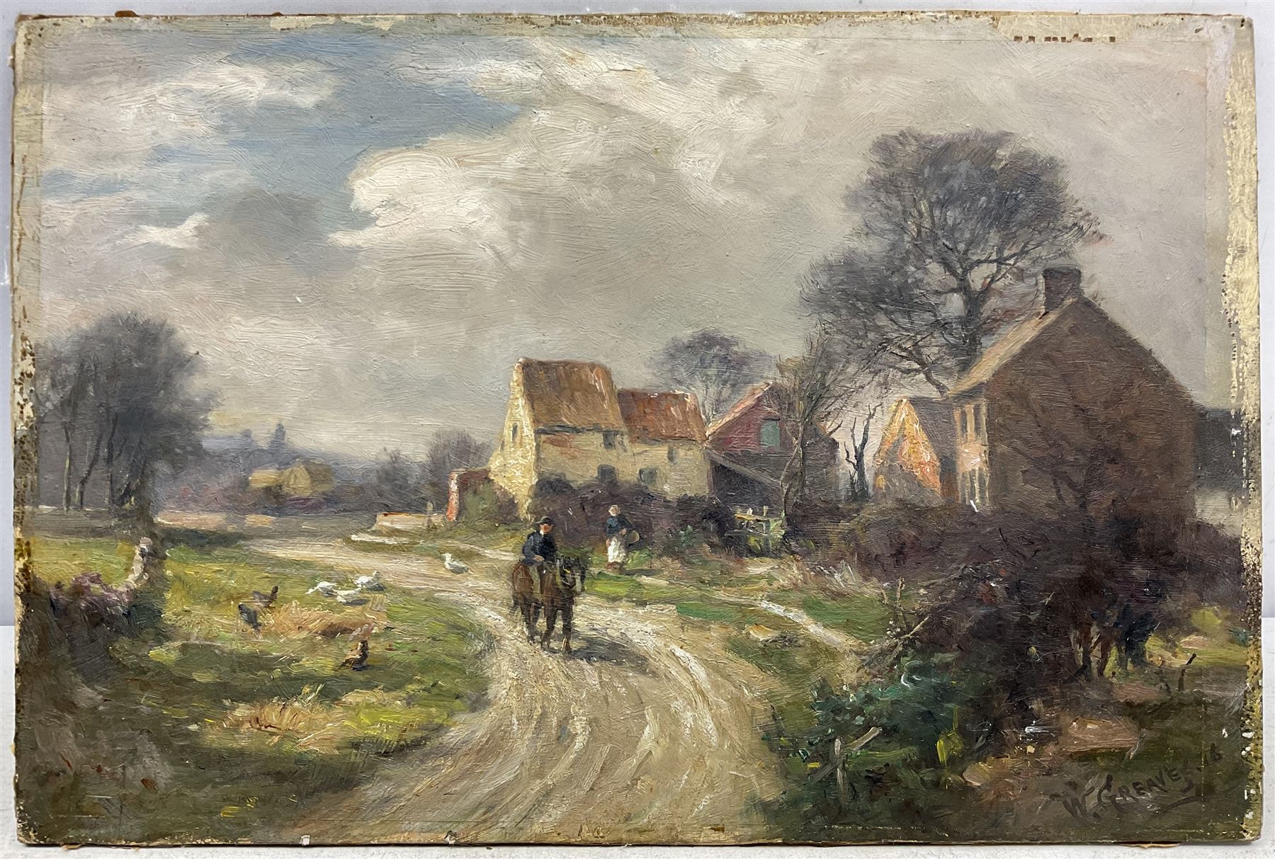 William Greaves (British 1852-1938): 'Entrance to the Village of Scholes near Leeds', oil on board signed and dated '16, titled and inscribed verso 31cm x 46cm (unframed)