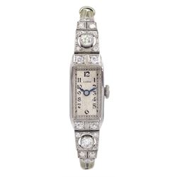 Eszeha Art Deco platinum milgrain set diamond manual wind lever wristwatch, stamped PT 950, No. 91982, the two largest diamonds of approx 0.22 carat each, on rope bracelet with 14ct white gold clasp stamped 585, retailed by Gebr.Somme Nachf Hof-Juweliere Sr. Maj.d Kaisers Breslau in original box (ESZEHA is the German name for Karl Scheufele the great grandfather and founder of Chopard in 1904 in Germany)
