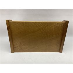 Mouseman - oak letter rack, shaped end supports enclosing three divisions, carved with mouse signature, by the workshop of Robert Thompson, Kilburn