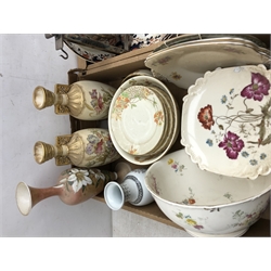  Early 20th century silver-plated table gong H35cm, Grosvenor China part tea set, pair Royal Bonn twin handled vases, Edwardian pink ground three piece wash set, Myott & Sons Indiana pattern part dinner service and other similar ceramics in two boxes  