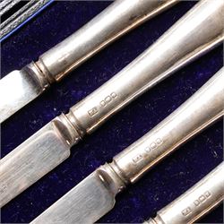 Set of six silver coffee spoons with examples of various British hallmarks , boxed, a set of six silver coffee spoons Sheffield 1925 Maker John Round & Son Ltd and six silver handled pastry knives