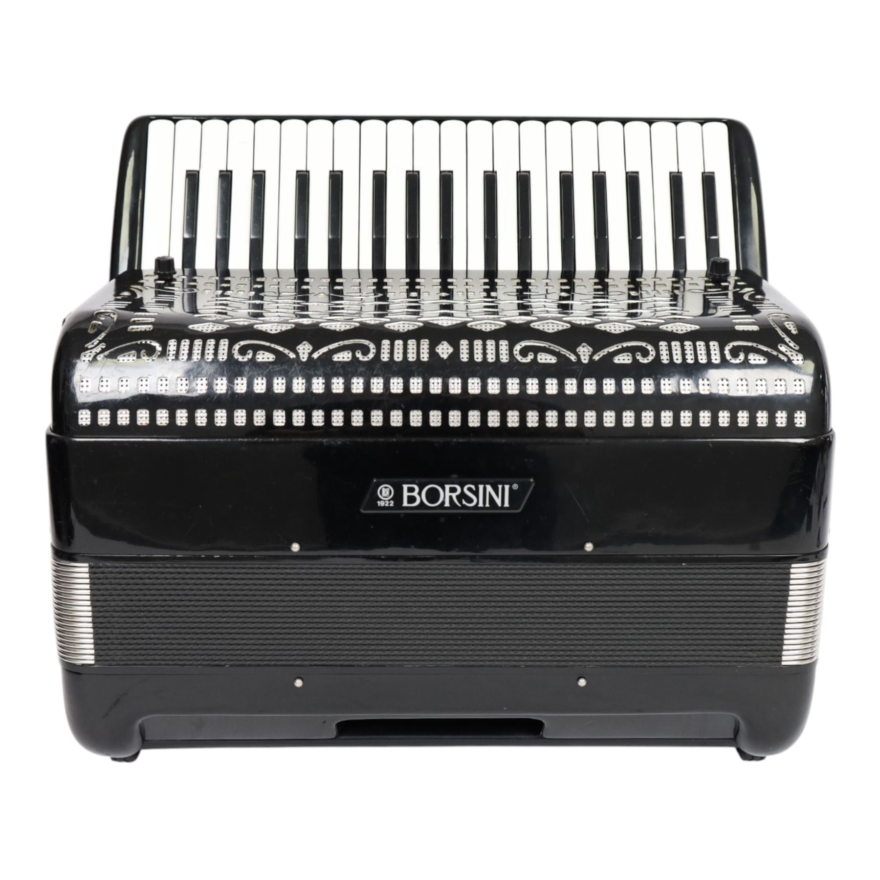 Borsini Professional 5-Row Chromatic button accordion, with 92 white pearlescent chromatic buttons and 136 bass buttons, possibly a custom model, in black high gloss case, with carry strap and original hard carrycase