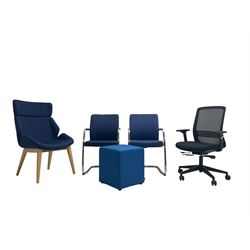 Elite - black office swivel chair (W61cm H98cm); together with Elite - pair office armchairs and high back office chair, upholstered in navy blue; and office cube
