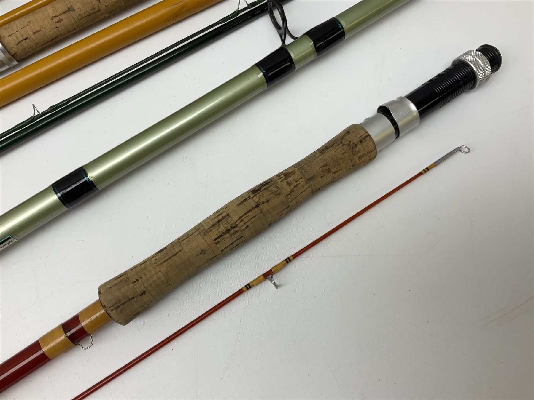 Quantity of fly and sea fishing rods and accessories, to include Shakespeare Boat 210 rod, Daiwa rod and others, and Guang Zhao FLD9000 course fishing reel, Beachmaster 7000FD, Rimfly II amd Penn Super Mariner, tackle etc