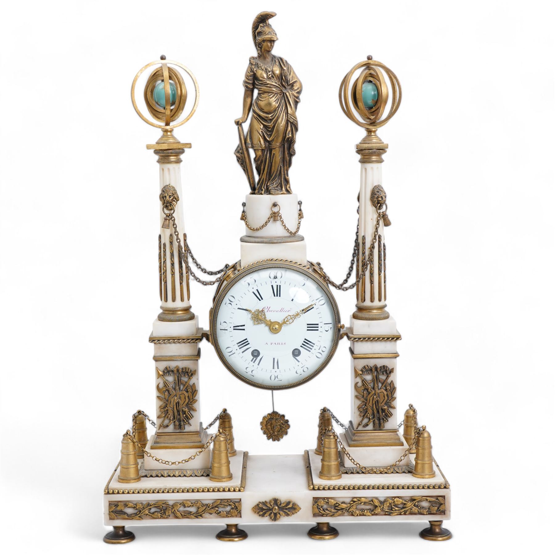 Chevallier of Paris - An early 19th century French Louis XV style white marble and gilt mounted portico clock surmounted by a figure from classical antiquity, with a drum case supported on a pair of reeded and tapered supports with celestial finials raised on a rectangular plinth base, with a white enamel dial with Roman numerals, five minute Arabic's, minute track and makers name,  8-day twin train countwheel movement with a silk suspension, striking the hours and half hours on a bell. 
With pendulum.