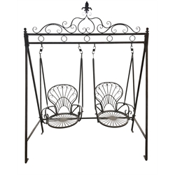  Victorian style metal swing, ornate scrolled cross bar, pair fan back seats, W182cm, H228cm, D93cm  