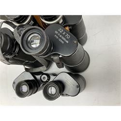 Nine cased pairs of binoculars, to include Tohyoh 22x70, Greenkat 7x- 12x50, Chinon, Fisher-Dietz 7x50, etc