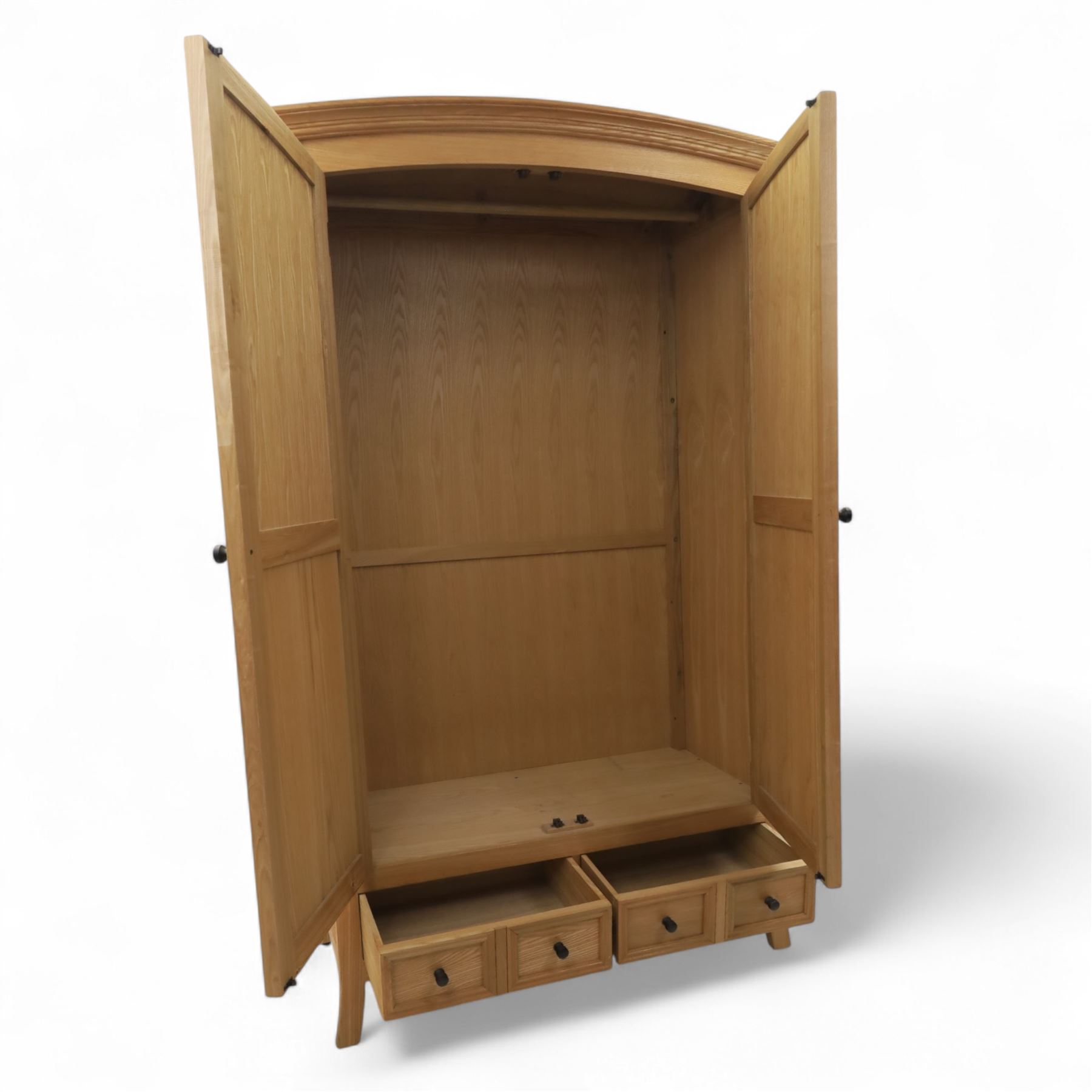Contemporary oak double wardrobe, with fitted hanging rail above two drawers, raised on splayed feet