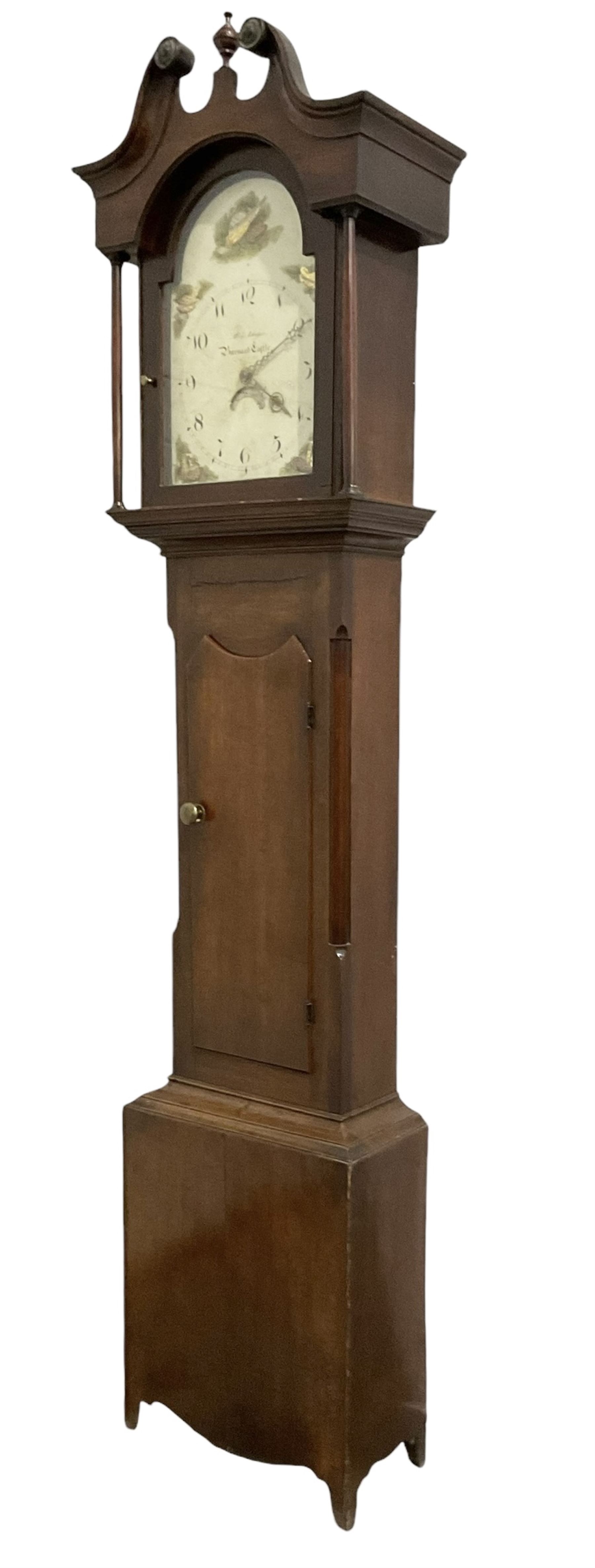 Michael Johnson of Barnard Castle (Yorks) - 30hr oak cased longcase clock c1820, with a swan necked pediment and central finial, break arch hood door flanked by turned pilasters, trunk with canted corners and a long door with a concave shaped top, on a rectangular plinth with a shaped base, painted dial with Arabic numerals, makers name, brass stamped hands and date aperture, countwheel striking, chain driven movement striking the hours on a bell.